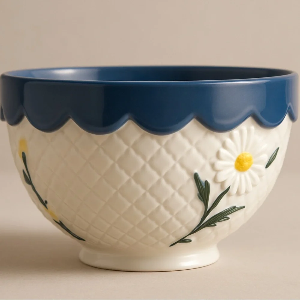 Vintage Ceramic Bowl Flowers Blue Scalloped Trim 6.5” Stamped Marked Decor Artsy
